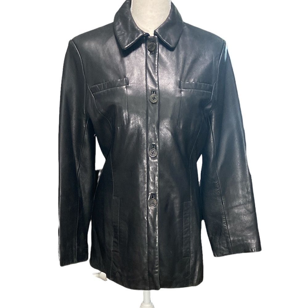 Kenneth Cole New York Black Leather Coat Button Front Collared Size Small